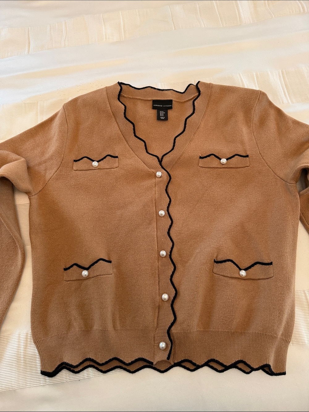Adrienne Vittadini Camel Cardigan with Black Scalloped Trim and Pearl Buttons